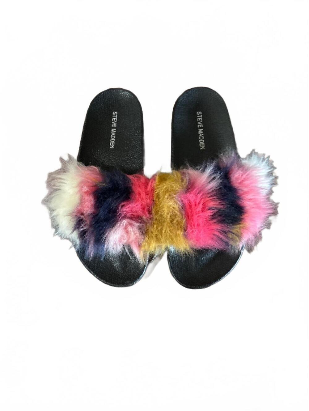 Steve Madden Softey Faux Fur Slide Sandals Pink Blue Yellow Multi-Color Size 7